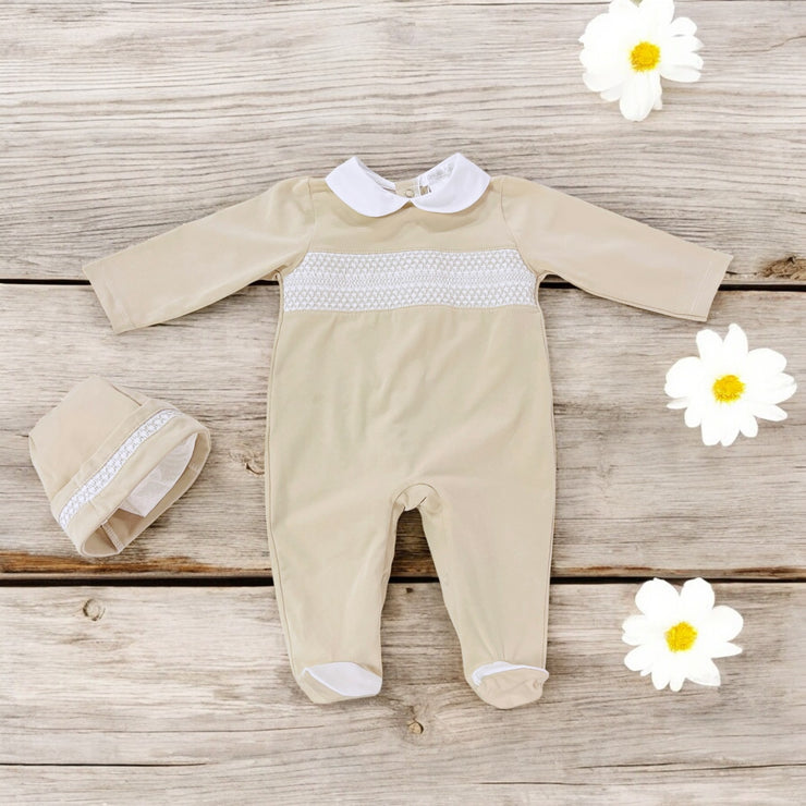 Deolinda Beige Smocked Sleepsuit & Hat