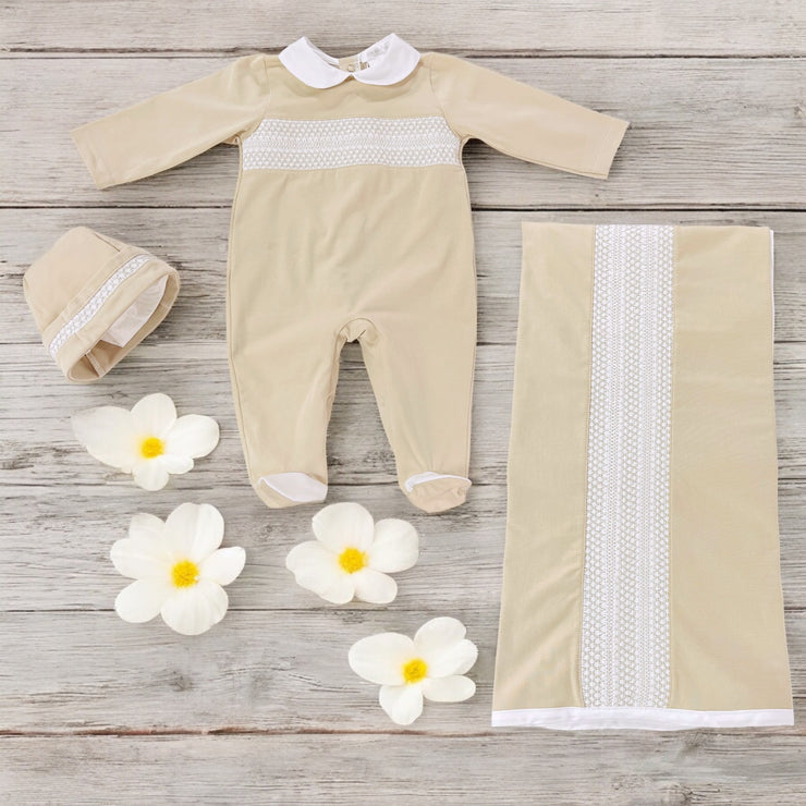 Deolinda Beige Smocked Sleepsuit & Blanket set