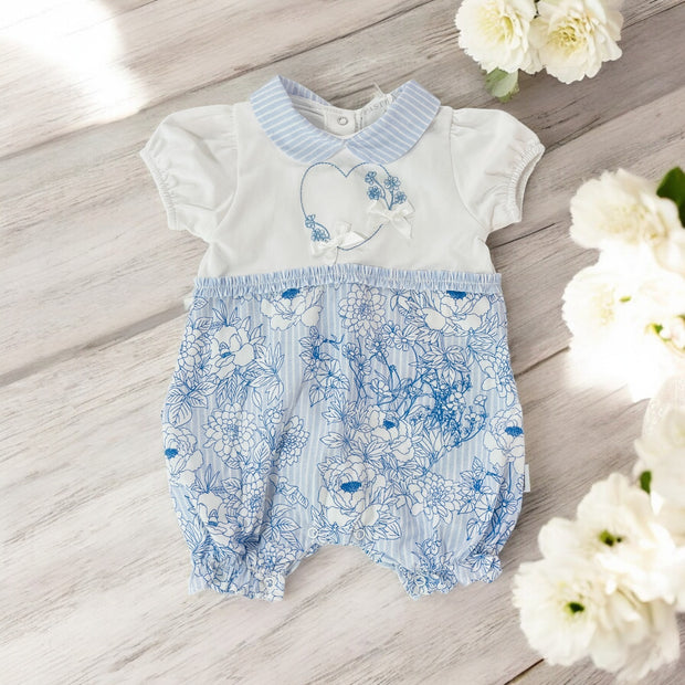 "Lillian" White & Blue Floral Romper