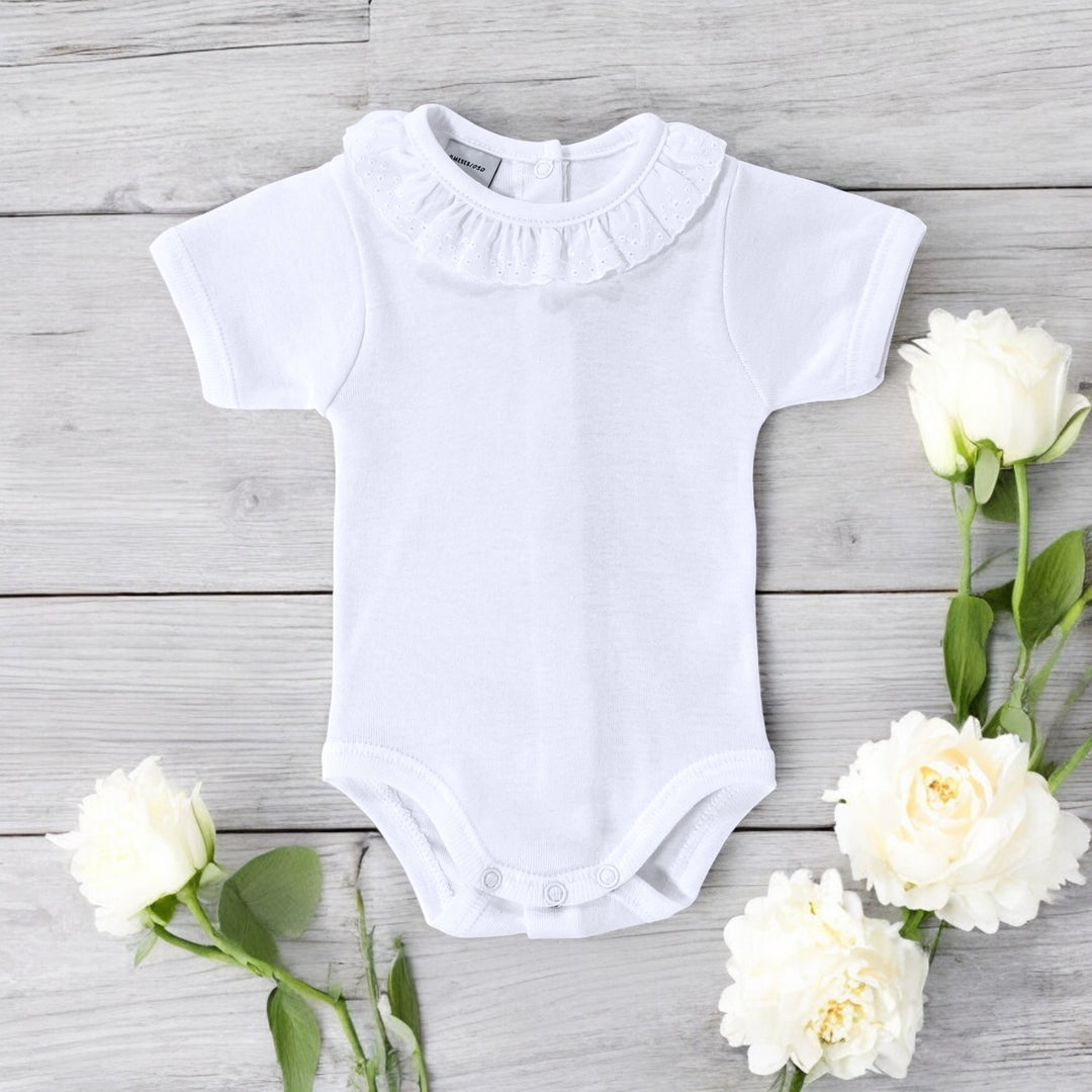 Babidu Frilly Collar Short Sleeve White Bodysuit