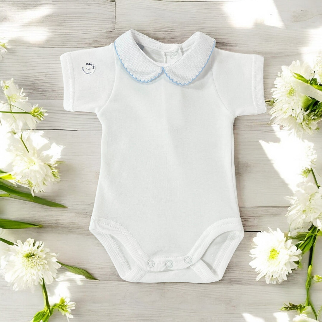 Babidu Peter Pan Collar Short Sleeve White Body Vest Blue Trim