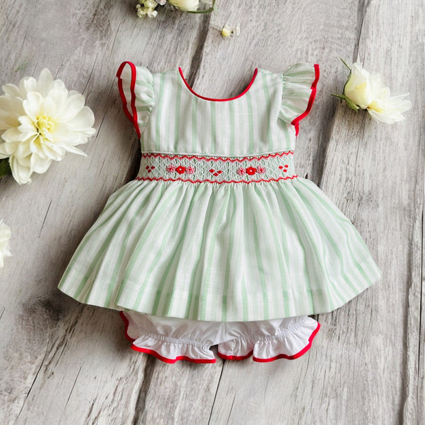 Pretty Originals Green & White Stripe Smocked Dress & Bloomers