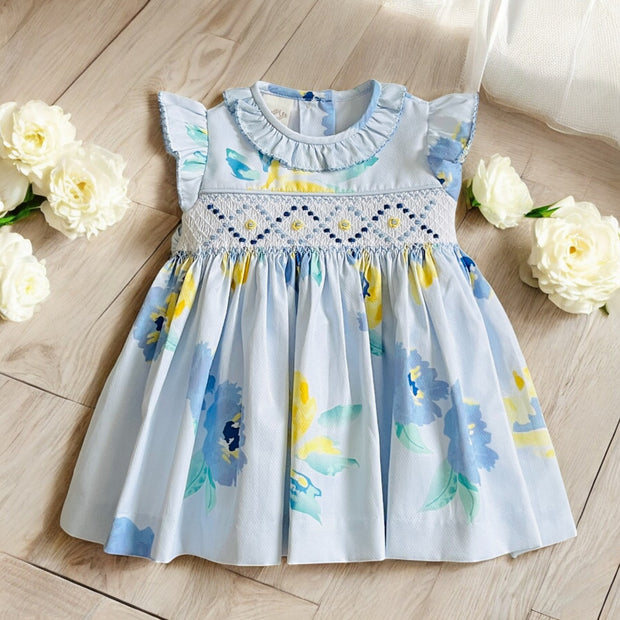 Pretty Originals Blue & Yellow Floral Smocked Dress