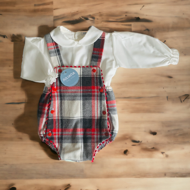 Cream Shirt & Beige & Red Tartan Romper