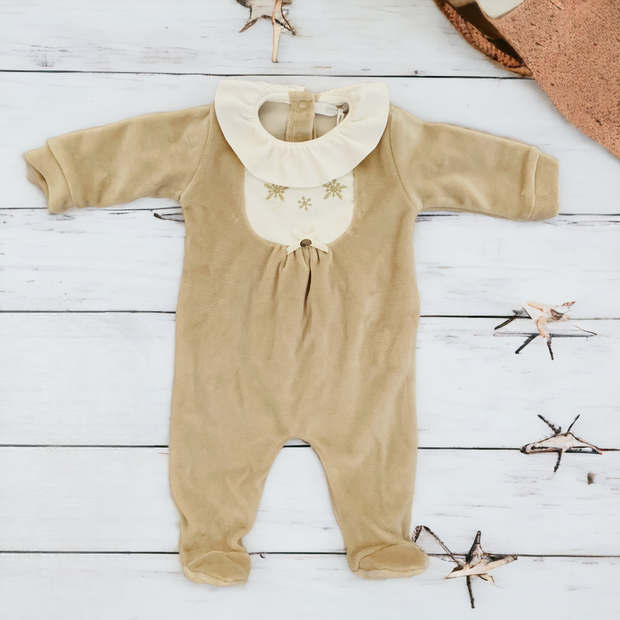 Cappuccino Ruffle Velour Sleepsuit