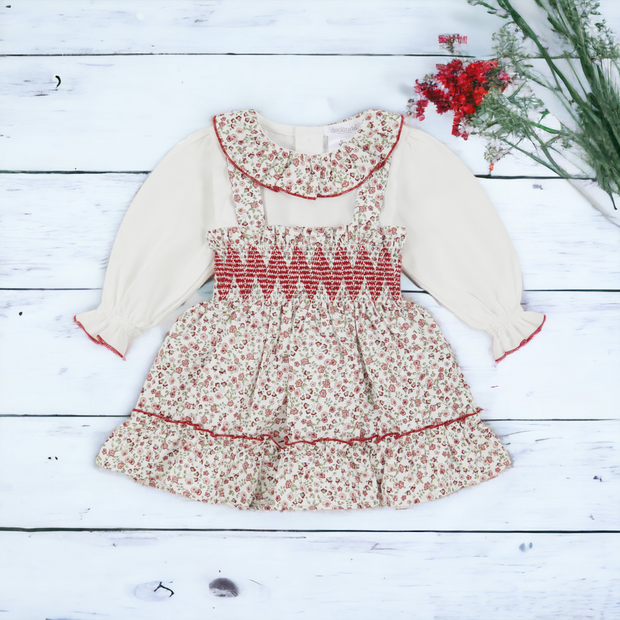 White & Red Pinafore Dress Set