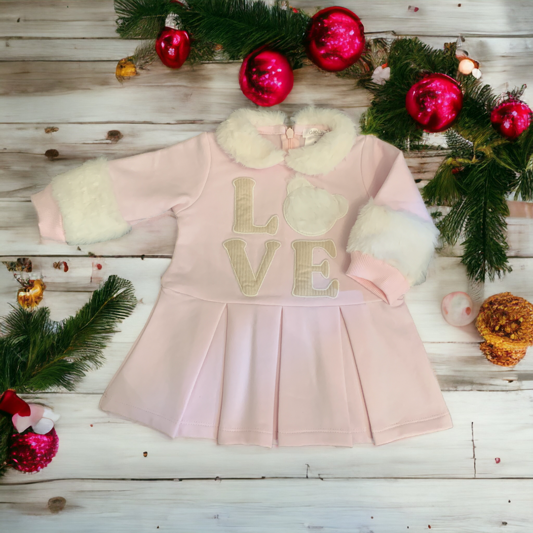 Pink Faux Fur Pleated Dress