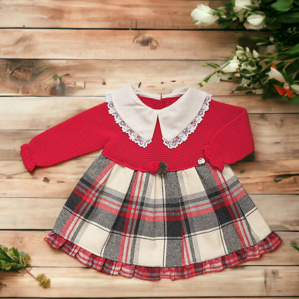 Red & Beige Half Knit Tartan Dress