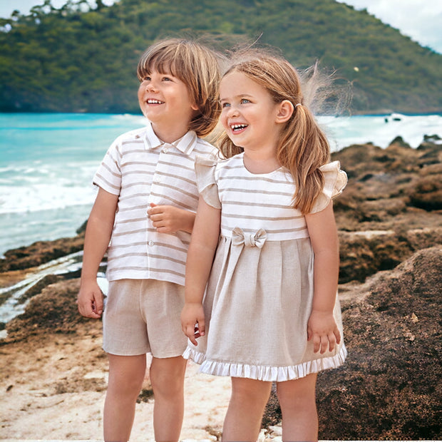 Beige & Cream Stripe Shirt & Shorts Set