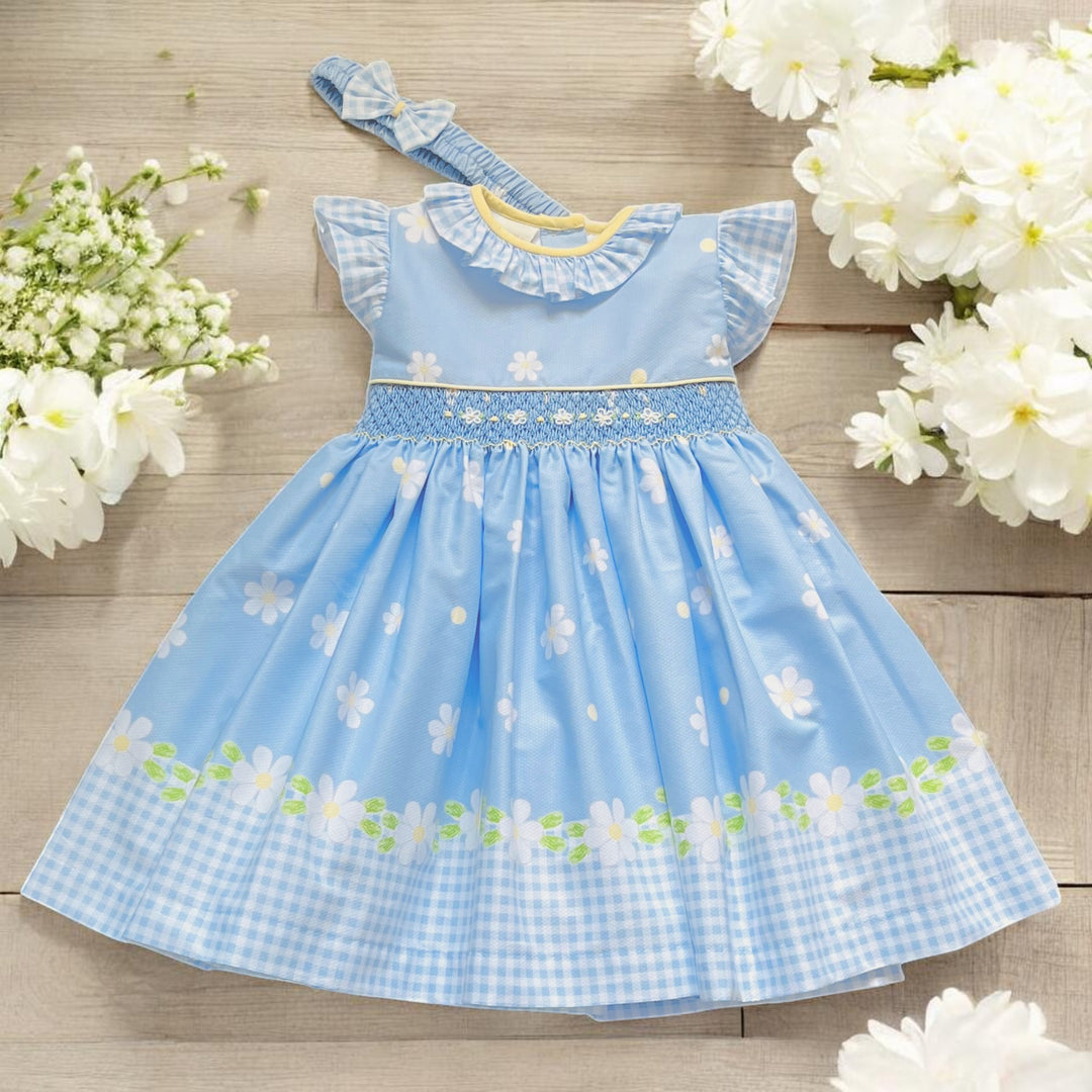 Pretty Originals Blue & White Daisy Print Smocked Dress