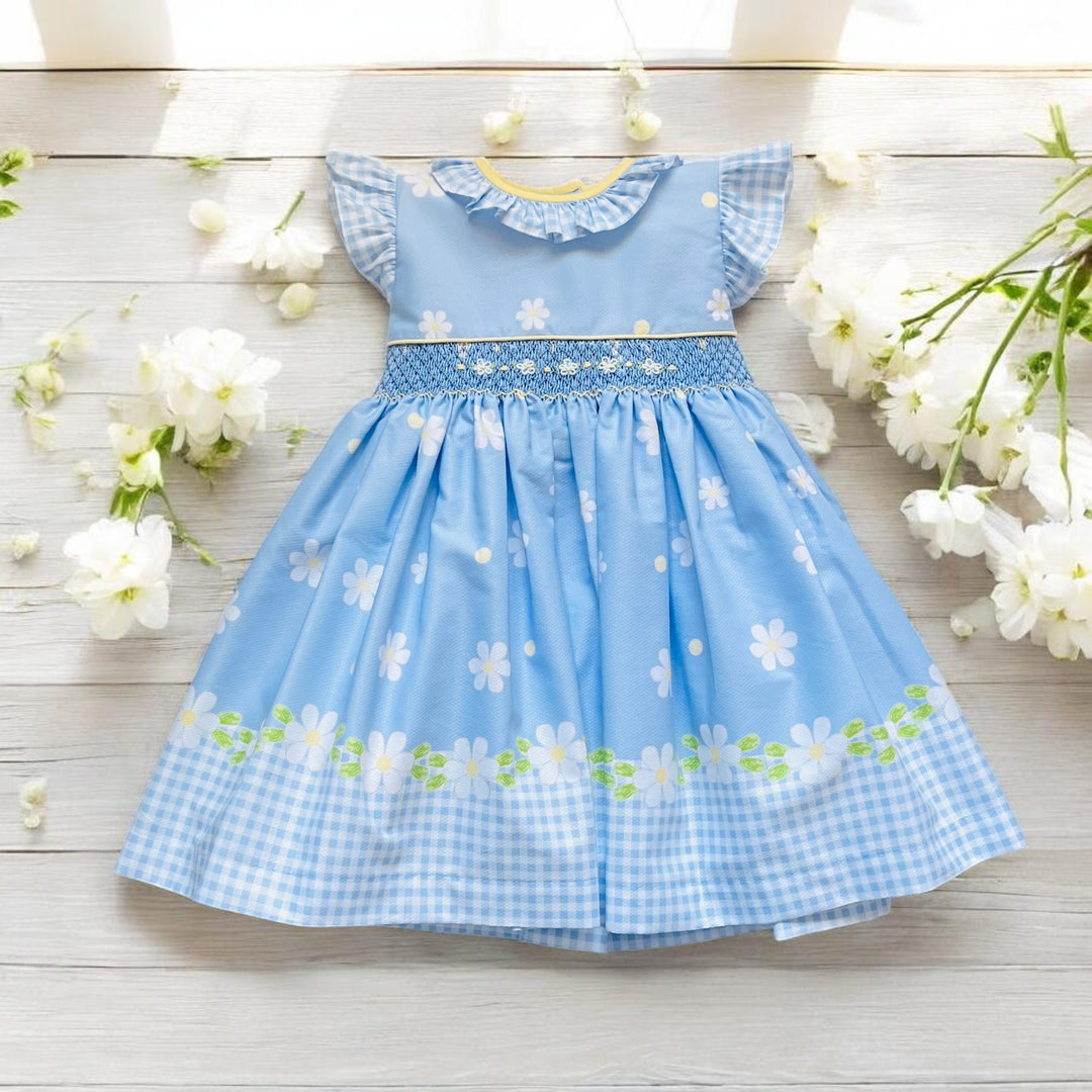 Pretty Originals Blue & White Daisy Print Smocked Dress
