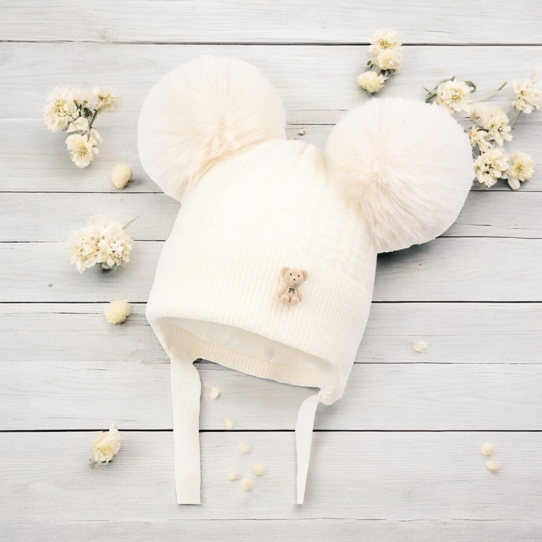 Jamiks Ivory Wool Knitted Double Pom Pom Hat