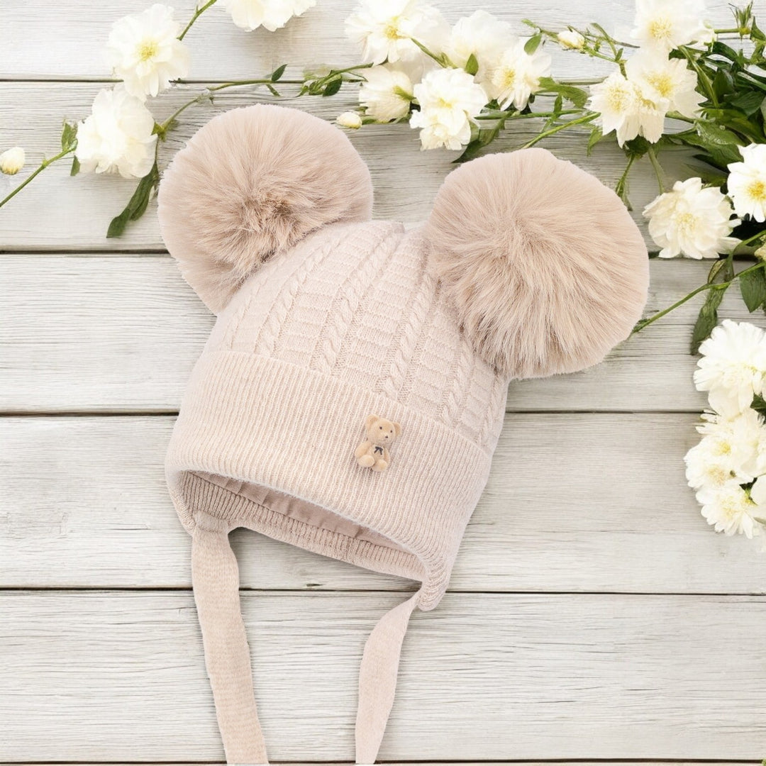Jamiks Ivory Wool Knitted Double Pom Pom Hat