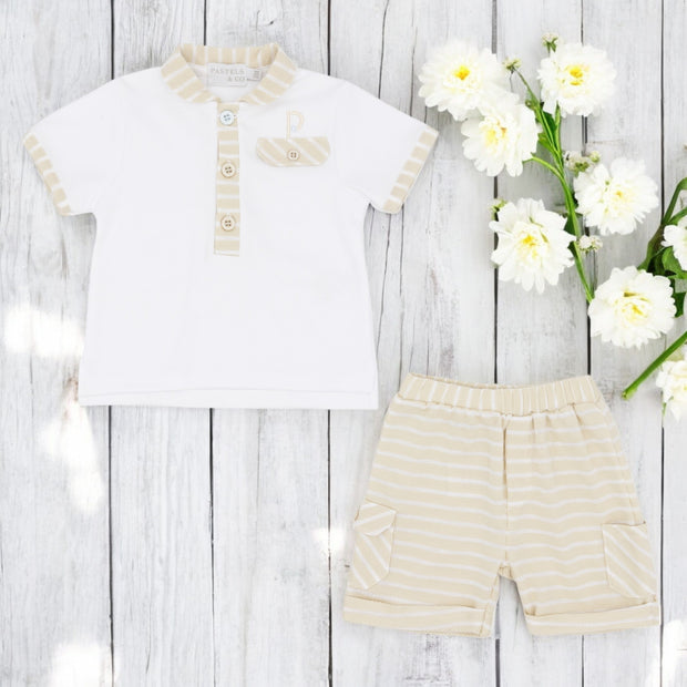 Pastels & Co "Luca" White & Beige Stripe Top & Short Set