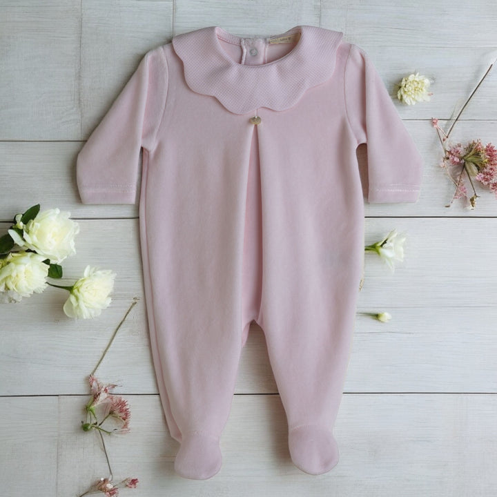 Pink Velour Scalloped collar Sleepsuit
