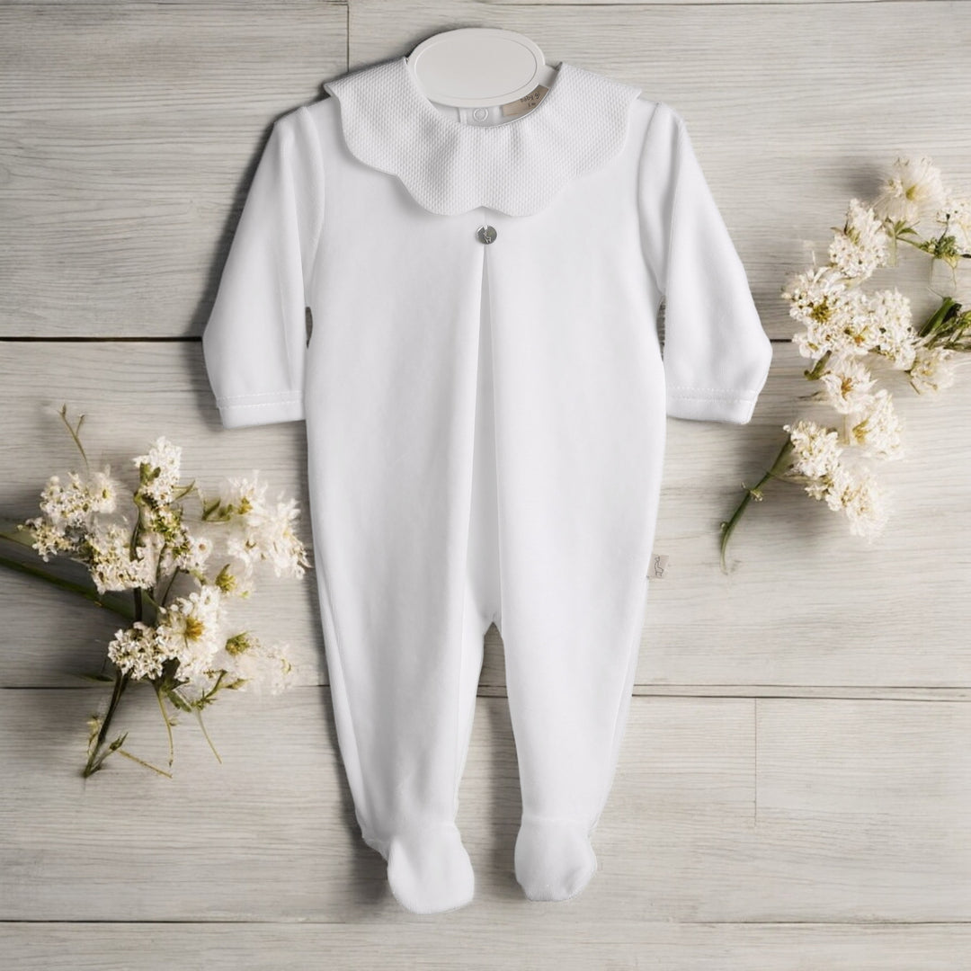 Baby Gi White Velour Scalloped collar Sleepsuit