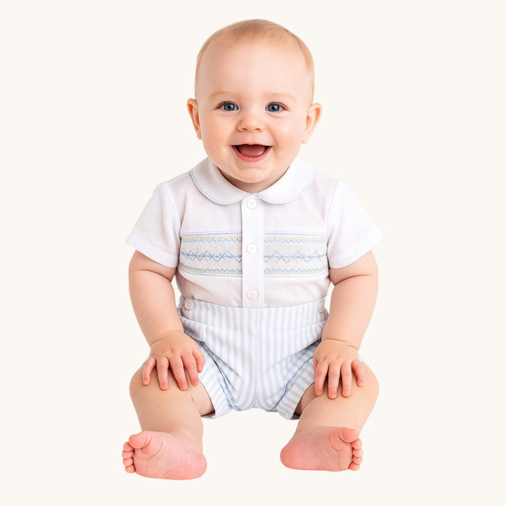 White Smocked Shirt & Blue & White Stripe Shorts