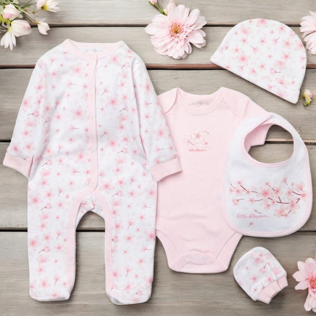 5 Piece Pink & White Cherry Blossom Layette Gift Set