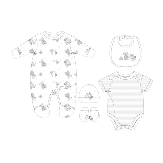 5 Piece Unisex Grey & White Layette Gift Set