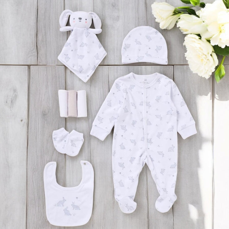 8 Piece Unisex Grey & White Bunny Layette Gift Set