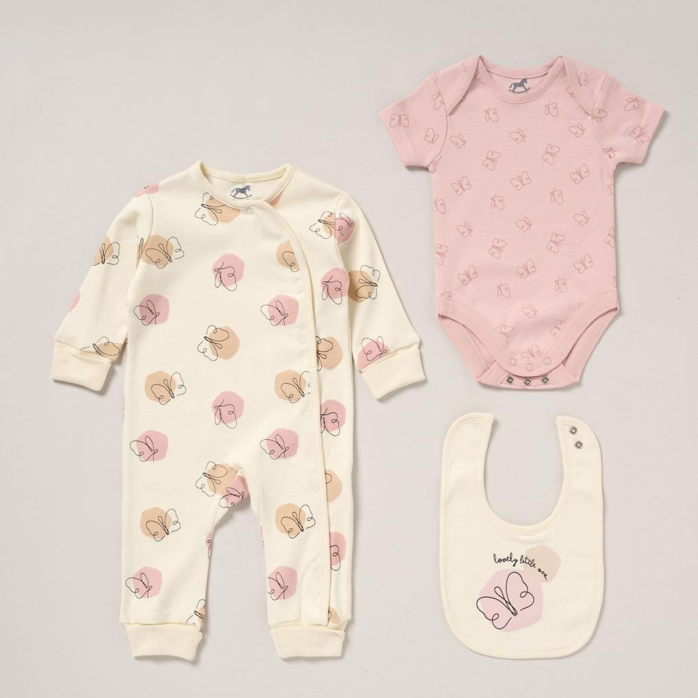 Rock-a-Bye-Baby 3 Piece Pink & Cream Butterfly Layette Gift Set