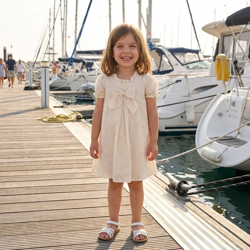Young girl in a champagne dress standing on a dock with boats in the background
