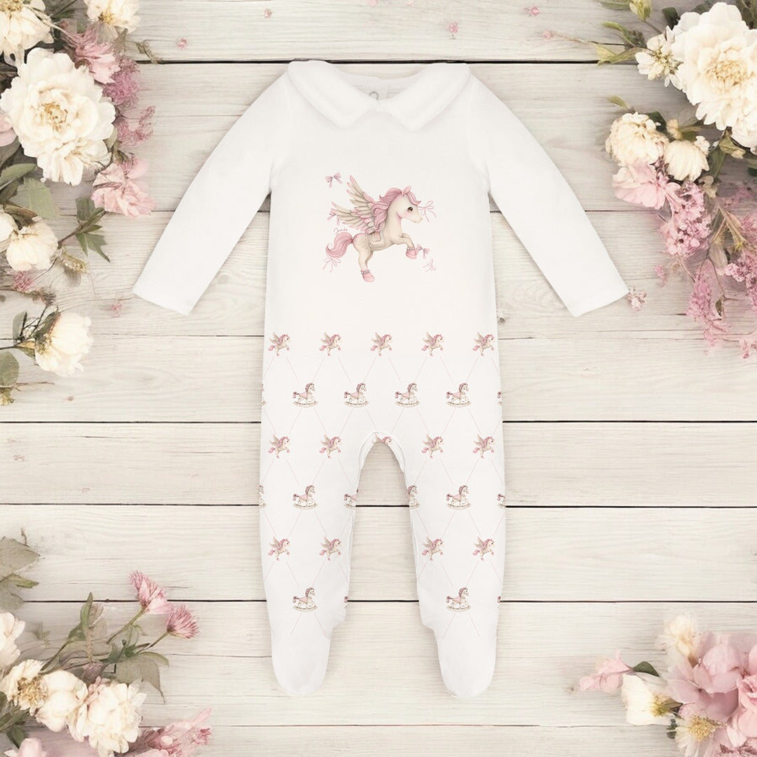 Jamiks Ecru & Pink Velour Fairytale Pegasus Sleepsuit