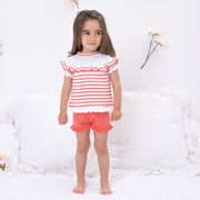 White & Coral Stripe Knitted Short Set