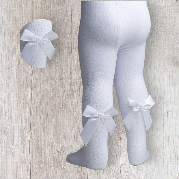 White Jaquard Tights With Back Bow