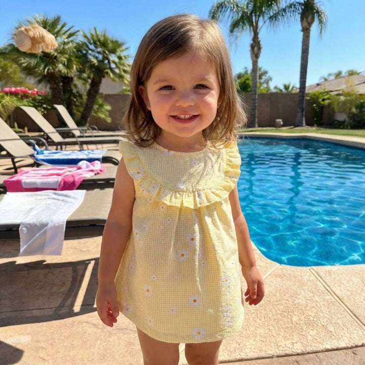 Sardon Yellow & White Daisy Print Dress & Bloomers