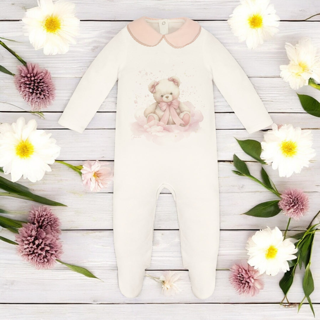 Jamiks Ecru & Pink Velour Bear Sleepsuit