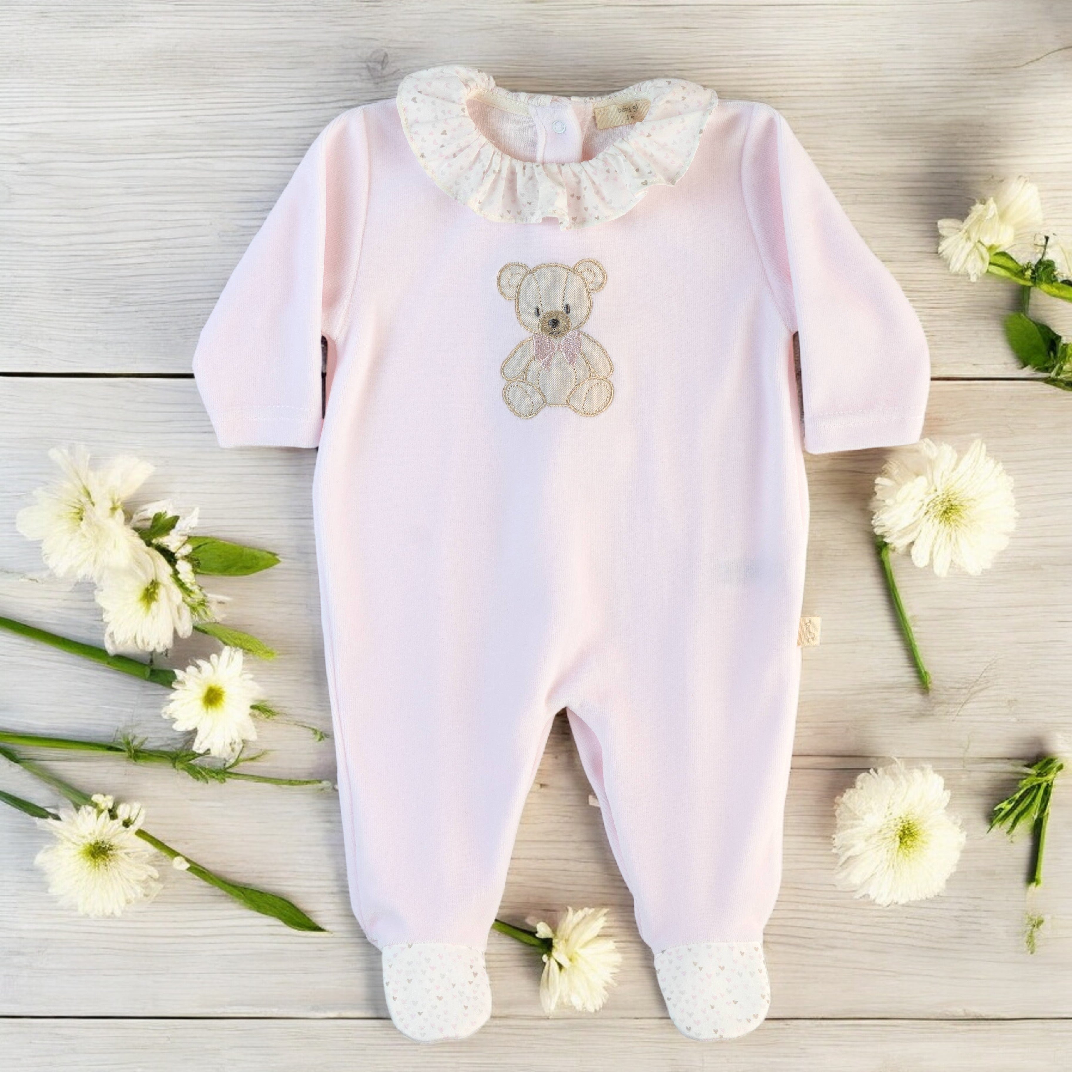 Baby Gi Pink Pink Teddy & Me Velour Ruffle Collar Sleepsuit | Bows Baby ...