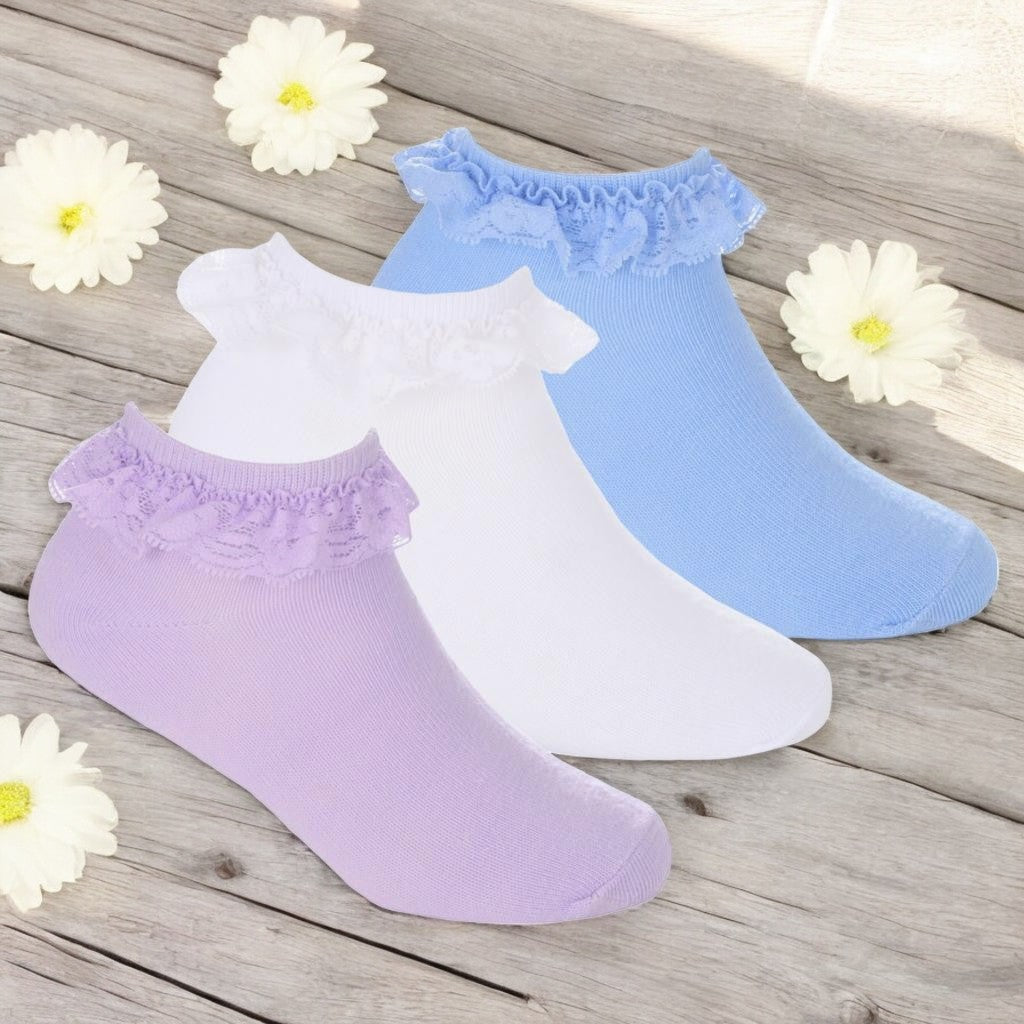 Blue White & Lilac Ankle Frill Socks