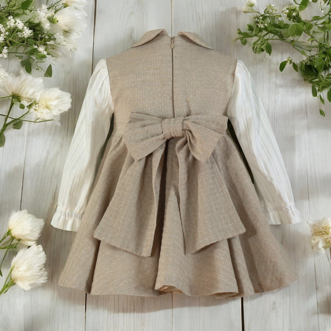 Miranda Girls Ivory & Beige Pleated Dress Back