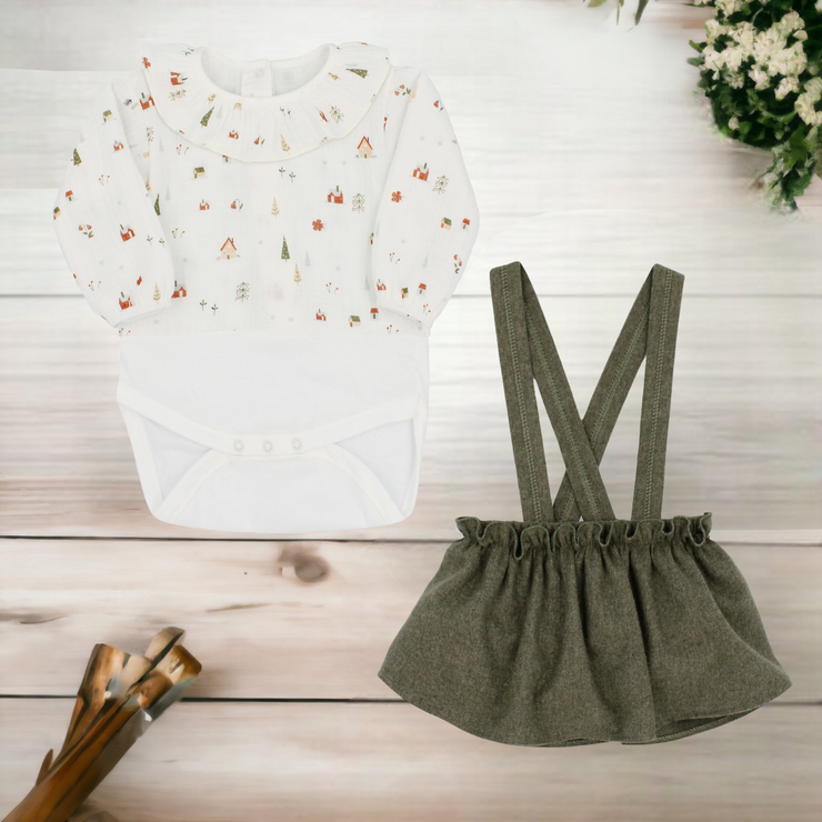 Woodland Bodysuit & Green Dungaree Skirt