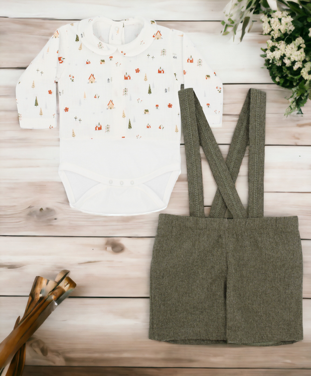 Woodland Bodysuit & Green Dungaree Shorts