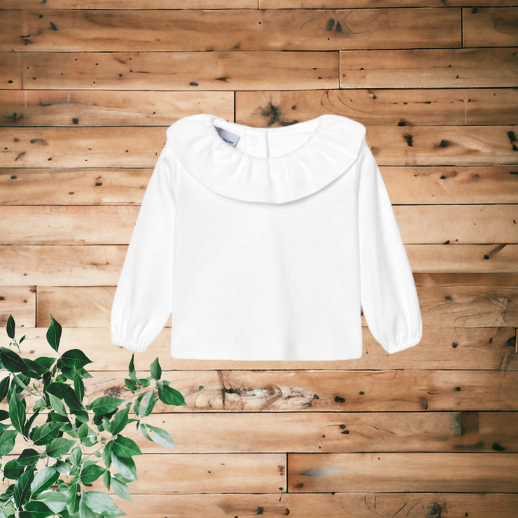 White Long Sleeve Ruffle Collar T Shirt