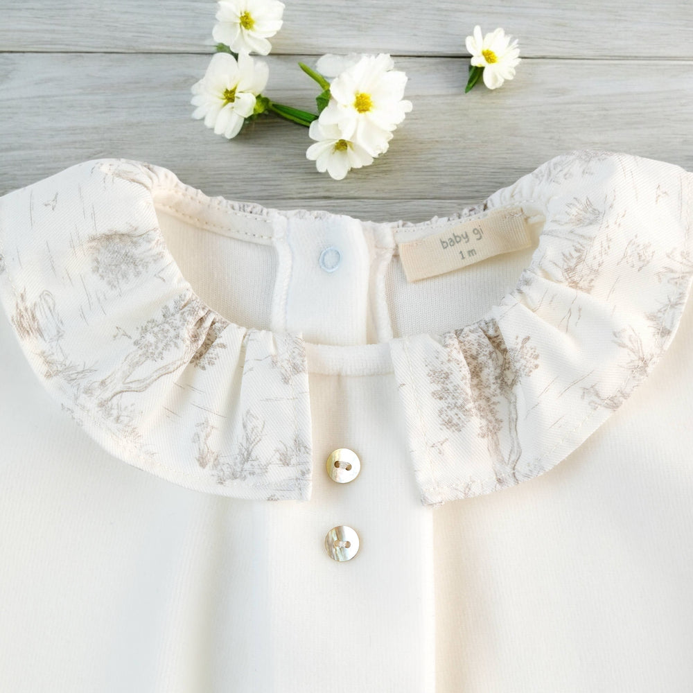 Baby Gi Ivory Velour Ruffle Sleepsuit Close