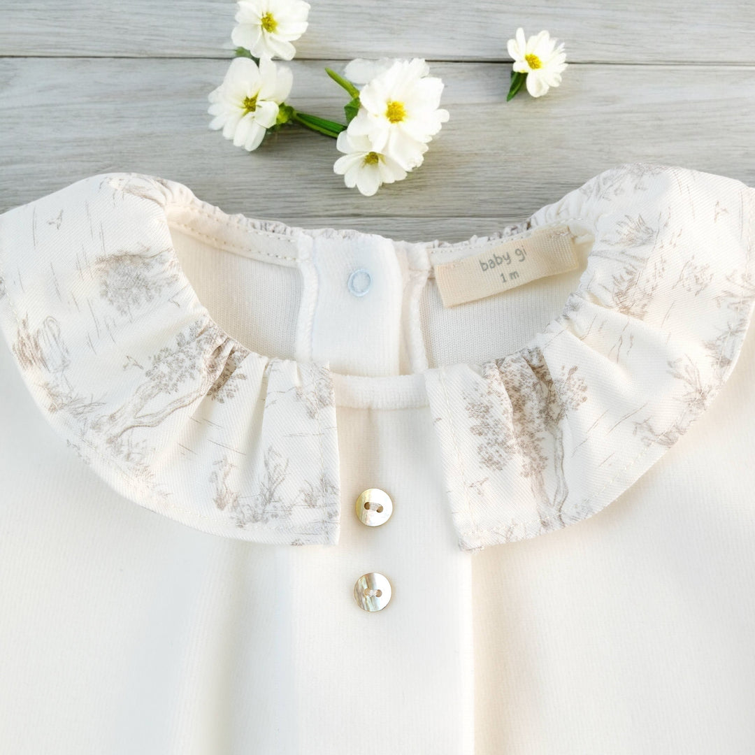 Baby Gi Ivory Velour Ruffle Sleepsuit Close