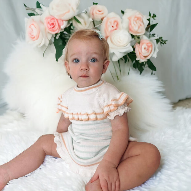 White & Peach & Mint Stripe Knitted Dress