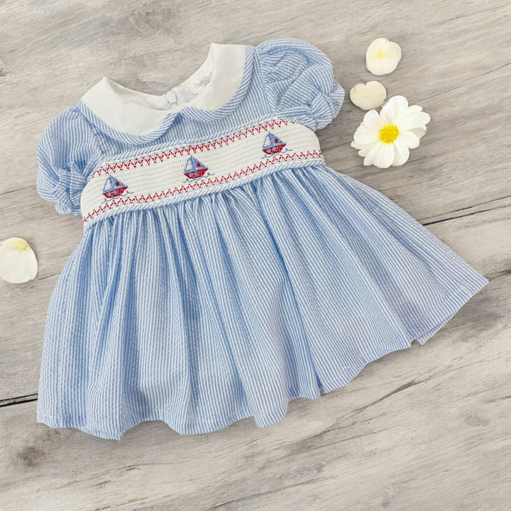Deolinda Blue & White Striped Smocked Dress