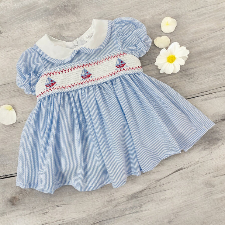 Deolinda Blue & White Striped Smocked Dress