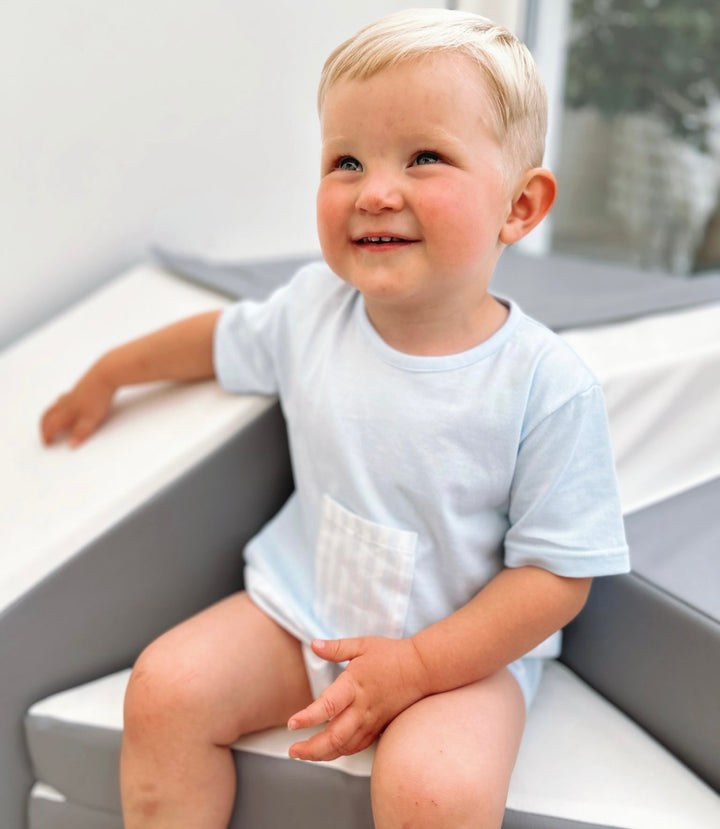 Blue & White Candy Stripe Spanish Romper