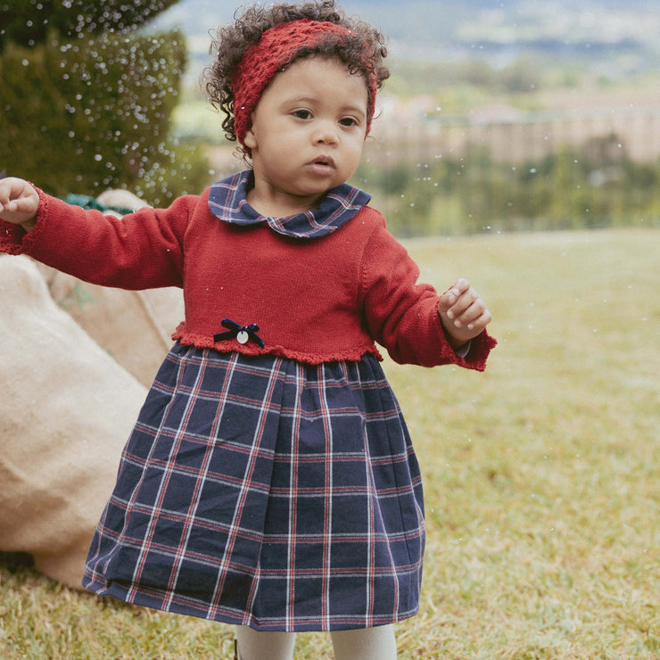 Red & Navy Half Knit Check Dress