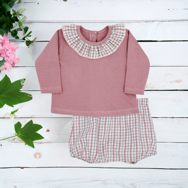 Dusky Pink & Grey Gingham Top & Bloomers