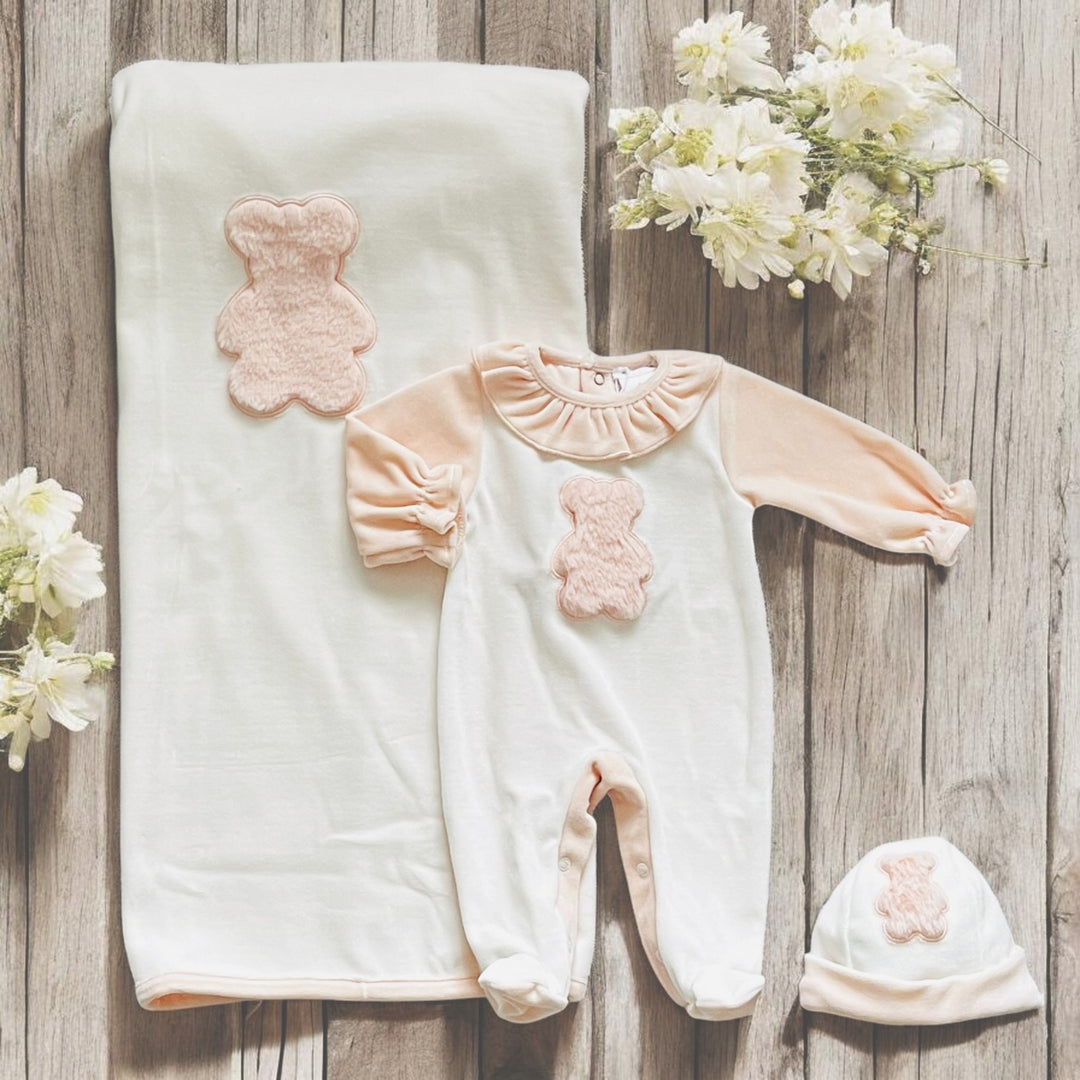 Deolinda Peach & White Velour Ruffle Sleepsuit & Blanket