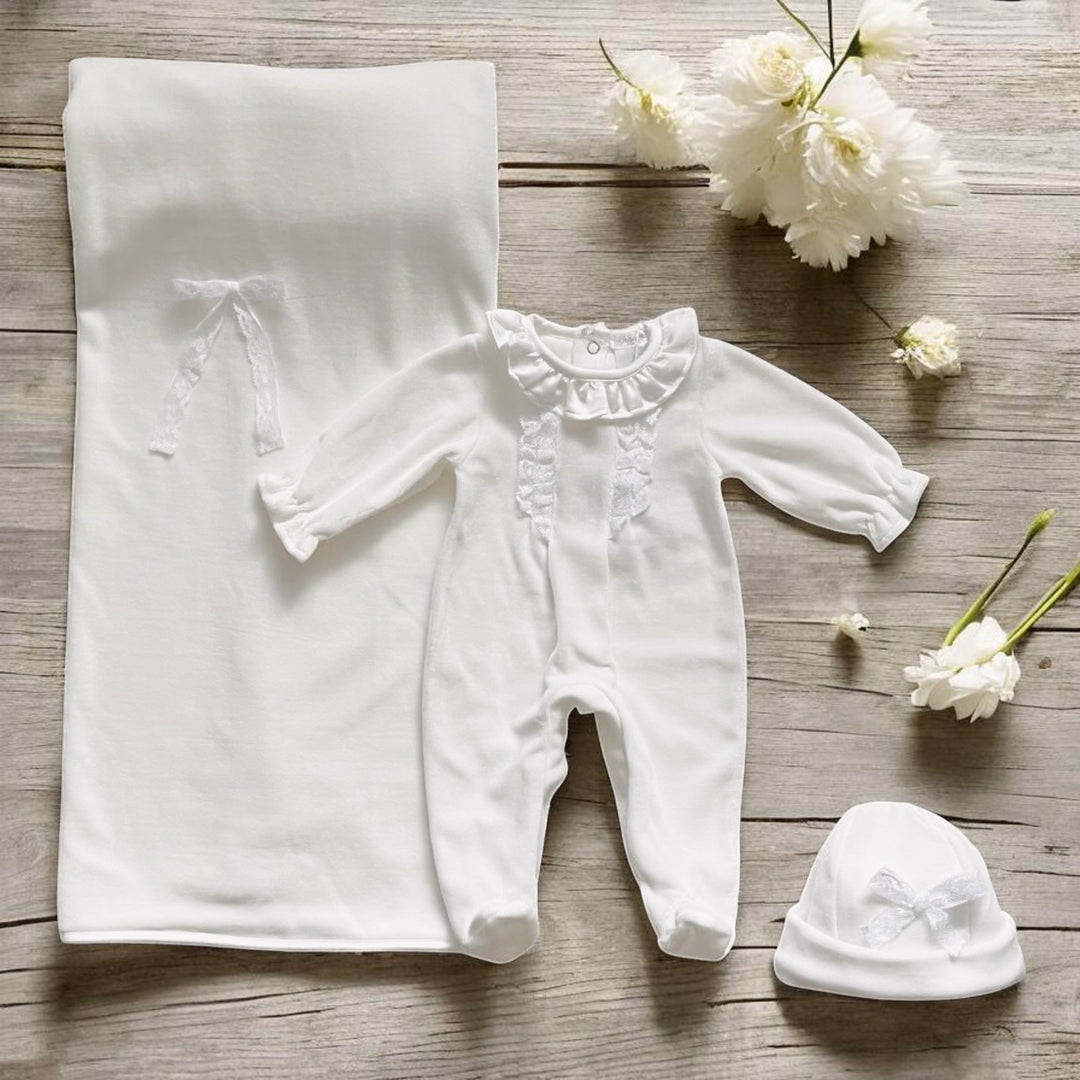 Deolinda Ivory Velour Ruffle Sleepsuit & Blanket