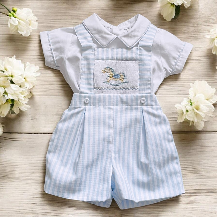 Pretty Originals White Shirt & Blue & White Stripe Dungaree Shorts