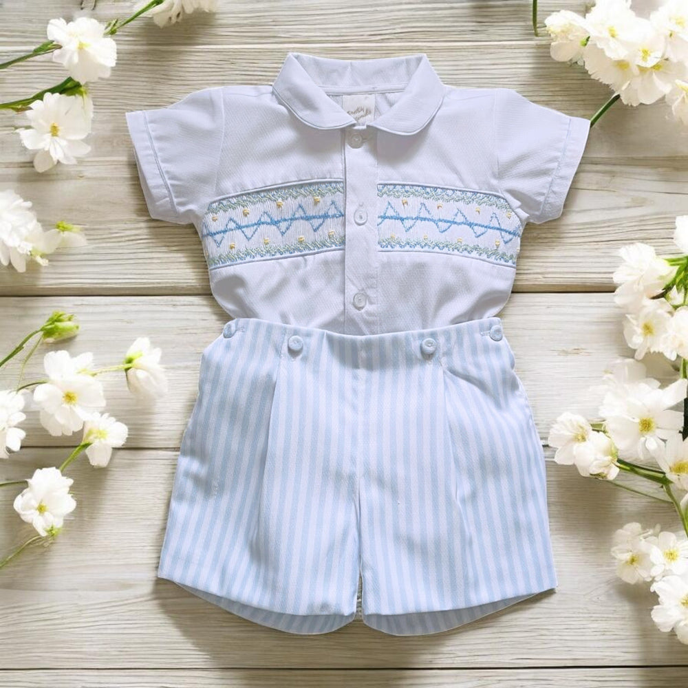 Pretty Originals White Smocked Shirt & Blue & White Stripe Shorts