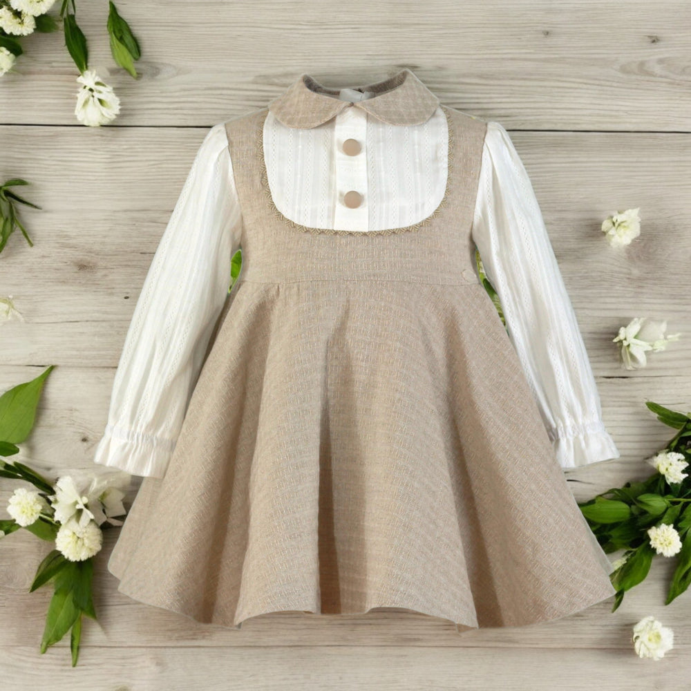 Miranda Girls Ivory & Beige Pleated Dress Front